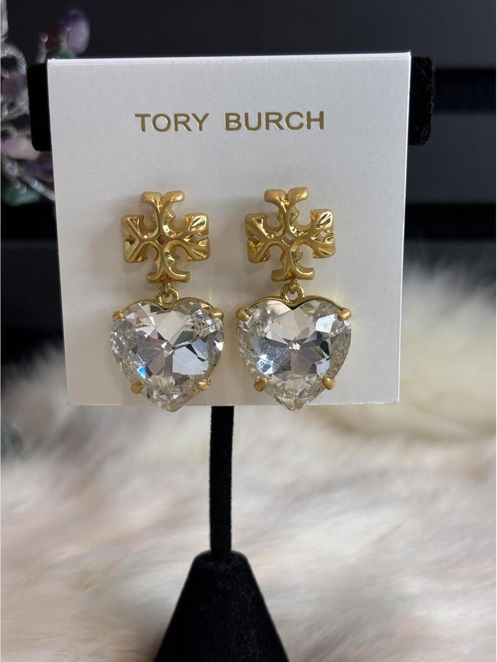 Tory Burch Gold Tone Heart Crystal Drop Earrings